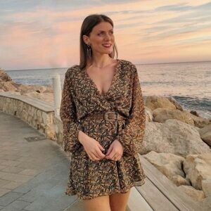 Zara Puff Balloon Sleeve Smocked Viscose Gold Black Design Mini Dress